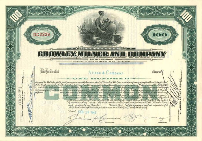 Crowley, Milner and Co. - Department Store Stock Certificate